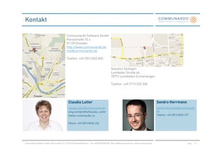 Kontakt

                                              Communardo Software GmbH
                                              Kleiststraße 10 a
                                              01129 Dresden
                                              http://www.communardo.de
                                              info@communardo.de

                                              Telefon: +49 (351) 833 820


                                                                                                Standort Stuttgart
                                                                                                Leinfelder Straße 64
                                                                                                70771 Leinfelden-Echterdingen

                                                                                                Telefon: +49 (711) 222 540




                                                Claudia Lutter                                                                                   Sandro Herrmann
                                                claudia.lutter@communardo.de                                                                     sandro.herrmann@communardo.
                                                xing.com/profile/Claudia_Lutter                                                                  de
                                                twitter.com/claudia_lu                                                                           Telefon: +49 (351) 8332-271


                                                Phone: +49 (351) 8332-242




Communardo Software GmbH · Kleiststraße 10 a · D-01129 Dresden/Germany · Fon +49 (0) 351/833 820 · Mail info@communardo.de · www.communardo.de                        Seite   13
 