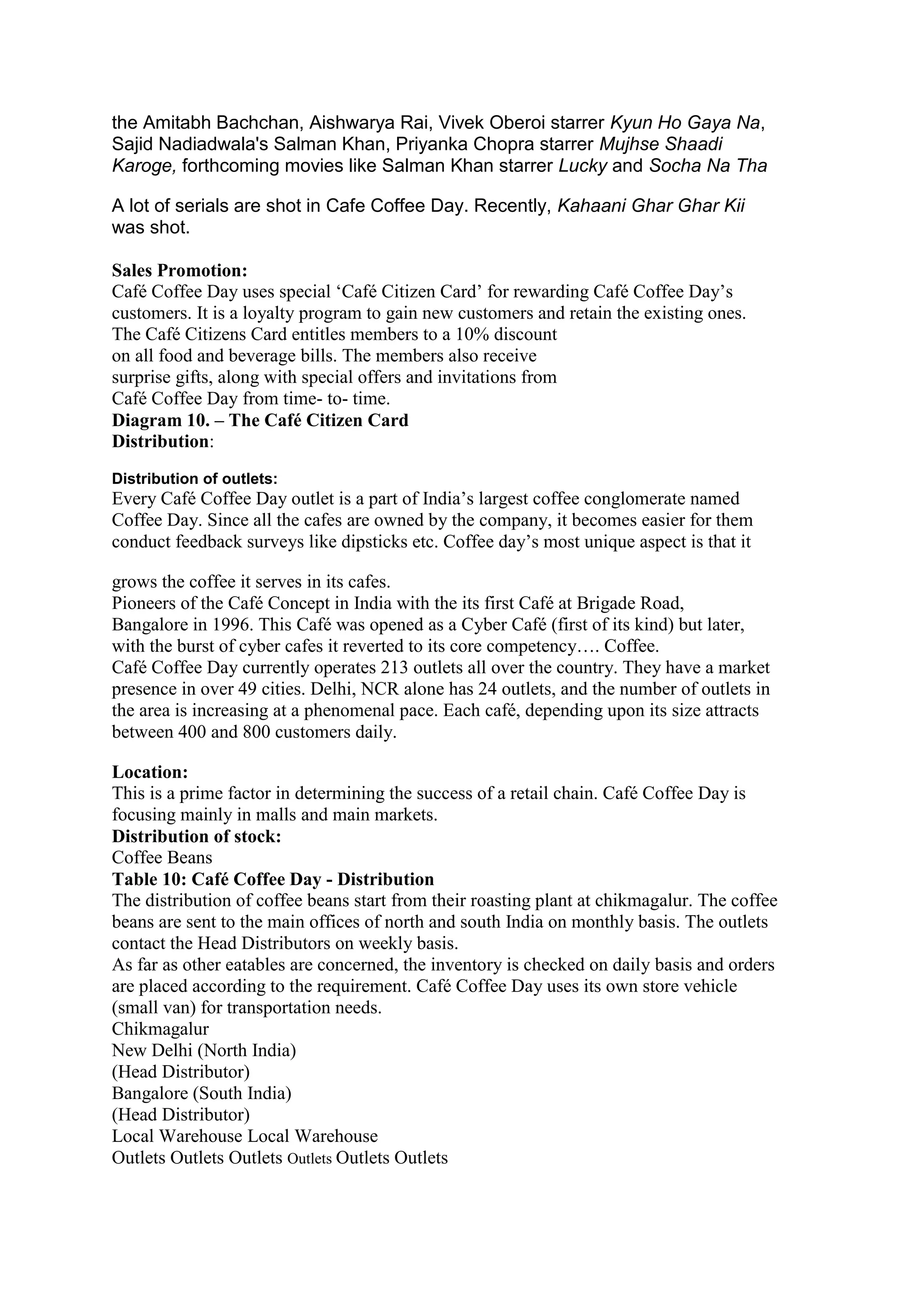 the Amitabh Bachchan, Aishwarya Rai, Vivek Oberoi starrer Kyun Ho Gaya Na,
Sajid Nadiadwala's Salman Khan, Priyanka Chopra starrer Mujhse Shaadi
Karoge, forthcoming movies like Salman Khan starrer Lucky and Socha Na Tha
A lot of serials are shot in Cafe Coffee Day. Recently, Kahaani Ghar Ghar Kii
was shot.
Sales Promotion:
Café Coffee Day uses special „Café Citizen Card‟ for rewarding Café Coffee Day‟s
customers. It is a loyalty program to gain new customers and retain the existing ones.
The Café Citizens Card entitles members to a 10% discount
on all food and beverage bills. The members also receive
surprise gifts, along with special offers and invitations from
Café Coffee Day from time- to- time.
Diagram 10. – The Café Citizen Card
Distribution:
Distribution of outlets:
Every Café Coffee Day outlet is a part of India‟s largest coffee conglomerate named
Coffee Day. Since all the cafes are owned by the company, it becomes easier for them
conduct feedback surveys like dipsticks etc. Coffee day‟s most unique aspect is that it
grows the coffee it serves in its cafes.
Pioneers of the Café Concept in India with the its first Café at Brigade Road,
Bangalore in 1996. This Café was opened as a Cyber Café (first of its kind) but later,
with the burst of cyber cafes it reverted to its core competency…. Coffee.
Café Coffee Day currently operates 213 outlets all over the country. They have a market
presence in over 49 cities. Delhi, NCR alone has 24 outlets, and the number of outlets in
the area is increasing at a phenomenal pace. Each café, depending upon its size attracts
between 400 and 800 customers daily.
Location:
This is a prime factor in determining the success of a retail chain. Café Coffee Day is
focusing mainly in malls and main markets.
Distribution of stock:
Coffee Beans
Table 10: Café Coffee Day - Distribution
The distribution of coffee beans start from their roasting plant at chikmagalur. The coffee
beans are sent to the main offices of north and south India on monthly basis. The outlets
contact the Head Distributors on weekly basis.
As far as other eatables are concerned, the inventory is checked on daily basis and orders
are placed according to the requirement. Café Coffee Day uses its own store vehicle
(small van) for transportation needs.
Chikmagalur
New Delhi (North India)
(Head Distributor)
Bangalore (South India)
(Head Distributor)
Local Warehouse Local Warehouse
Outlets Outlets Outlets Outlets Outlets Outlets
 