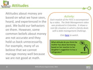 Attitudes 
Attitudes about money are based on what we have seen, heard, and experienced in the past. We build our behaviors on them. However, some common beliefs about money are not accurate and they hold us back unnecessarily. For example, many of us believe that we cannot manage money well because we are not good at math. 
16 
What attitude do you think the mother has about borrowing based on her reaction to her daughter’s suggestion to buy a refrigerator? 
Activity: Each module of the FECC is accompanied by a video. The Debt Management video was produced in Colombia. It shows a real-life situation in which a family deals with a debt management challenge. 
Click here to watch. 
©Microfinance Opportunities. 2014.  