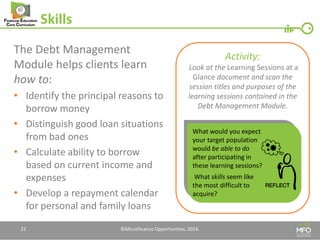 Skills 
The Debt Management Module helps clients learn how to: 
•Identify the principal reasons to borrow money 
•Distinguish good loan situations from bad ones 
•Calculate ability to borrow based on current income and expenses 
•Develop a repayment calendar for personal and family loans 
22 
What would you expect your target population would be able to do after participating in these learning sessions? 
What skills seem like the most difficult to acquire? 
Activity: Look at the Learning Sessions at a Glance document and scan the session titles and purposes of the learning sessions contained in the Debt Management Module. 
©Microfinance Opportunities. 2014.  