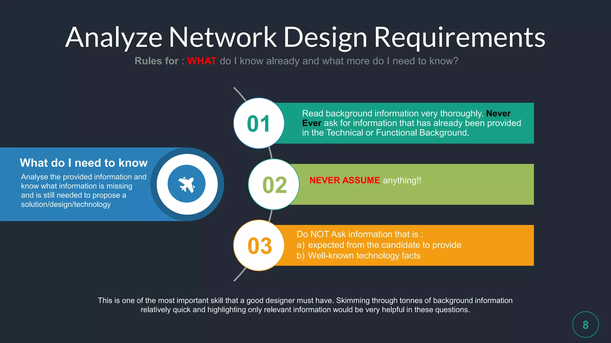 Analyze Network Design Requirements
Rules for : WHAT do I know already and what more do I need to know?
8
Read background information very thoroughly. Never
Ever ask for information that has already been provided
in the Technical or Functional Background.01
02
03
NEVER ASSUME anything!!
Do NOT Ask information that is :
a) expected from the candidate to provide
b) Well-known technology facts
This is one of the most important skill that a good designer must have. Skimming through tonnes of background information
relatively quick and highlighting only relevant information would be very helpful in these questions.
What do I need to know
Analyse the provided information and
know what information is missing
and is still needed to propose a
solution/design/technology
 