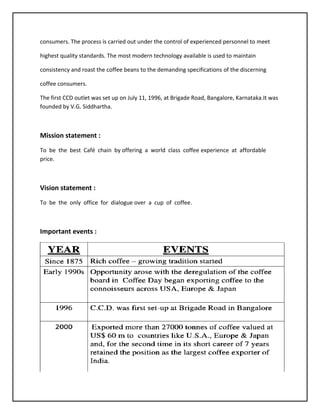 consumers. The process is carried out under the control of experienced personnel to meet
highest quality standards. The most modern technology available is used to maintain
consistency and roast the coffee beans to the demanding specifications of the discerning
coffee consumers.
The first CCD outlet was set up on July 11, 1996, at Brigade Road, Bangalore, Karnataka.It was
founded by V.G. Siddhartha.
Mission statement :
To be the best Café chain by offering a world class coffee experience at affordable
price.
Vision statement :
To be the only office for dialogue over a cup of coffee.
Important events :
 