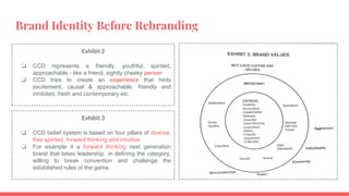 Brand Identity Before Rebranding
Exhibit 2
❏ CCD represents a friendly, youthful, spirited,
approachable - like a friend, sightly cheeky person
❏ CCD tries to create an experience that hints
excitement, causal & approachable, friendly and
inhibited, fresh and contemporary etc
Exhibit 3
❏ CCD belief system is based on four pillars of diverse,
free spirited, forward thinking and intuitive.
❏ For example it a forward thinking next generation
brand that takes leadership in defining the category,
willing to break convention and challenge the
established rules of the game.
 