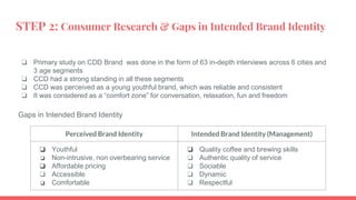 STEP 2: Consumer Research & Gaps in Intended Brand Identity
❏ Primary study on CDD Brand was done in the form of 63 in-depth interviews across 6 cities and
3 age segments
❏ CCD had a strong standing in all these segments
❏ CCD was perceived as a young youthful brand, which was reliable and consistent
❏ It was considered as a “comfort zone” for conversation, relaxation, fun and freedom
Perceived Brand Identity Intended Brand Identity (Management)
❏ Youthful
❏ Non-intrusive, non overbearing service
❏ Affordable pricing
❏ Accessible
❏ Comfortable
❏ Quality coffee and brewing skills
❏ Authentic quality of service
❏ Sociable
❏ Dynamic
❏ Respectful
Gaps in Intended Brand Identity
 