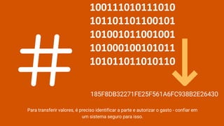 185F8DB32271FE25F561A6FC938B2E26430
Para transferir valores, é preciso identificar a parte e autorizar o gasto - confiar em
um sistema seguro para isso.
 