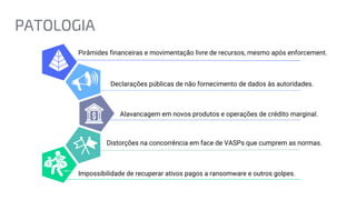 Impossibilidade de recuperar ativos pagos a ransomware e outros golpes.
Pirâmides financeiras e movimentação livre de recursos, mesmo após enforcement.
Declarações públicas de não fornecimento de dados às autoridades.
Alavancagem em novos produtos e operações de crédito marginal.
Distorções na concorrência em face de VASPs que cumprem as normas.
PATOLOGIA
 