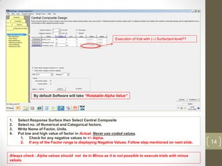1. Select Response Surface then Select Central Composite
2. Select no. of Numerical and Categorical factors.
3. Write Name of Factor, Units.
4. Put low and high value of factor in Actual. Never use coded values.
1. Check for any negative values in +/- Alpha.
2. If any of the Factor range is displaying Negative Values, Follow step mentioned on next slide.
Always check : Alpha values should not be in Minus as it is not possible to execute trials with minus
values.
Execution of trial with (–) Surfactant level??
By default Software will take “Rotatable Alpha Value”
14
 