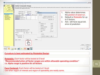 1. Alpha value determines
the position of axial run.
2. Default is Rotatable for up
to 5 factors:
3. Adv.: will have equal std.
error of prediction
Face Centered: Each factor will be tested at 3 level
Use when region of interest and region of operability are nearly same.
Curvature is best estimated by Rotatable Design
Rotatable: Each factor will be tested at 5 level
“Recommended when all factor ranges are within allowable operating condition”
i.e. Alpha range is positive for all factors 15
 