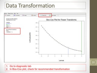 Data Transformation
1. Go to diagnostic tab
2. In Box-Cox plot, check for recommended transformation
31
 