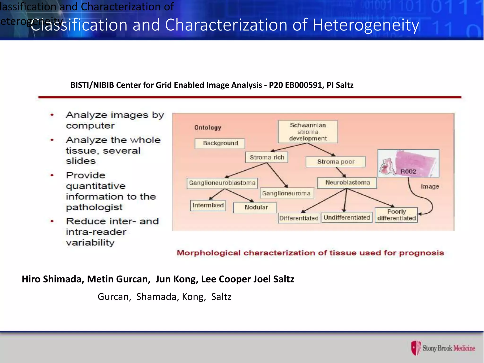Classification and Characterization of Heterogeneity
Gurcan, Shamada, Kong, Saltz
Hiro Shimada, Metin Gurcan, Jun Kong, Lee Cooper Joel Saltz
BISTI/NIBIB Center for Grid Enabled Image Analysis - P20 EB000591, PI Saltz
lassification and Characterization of
Heterogeneity
 