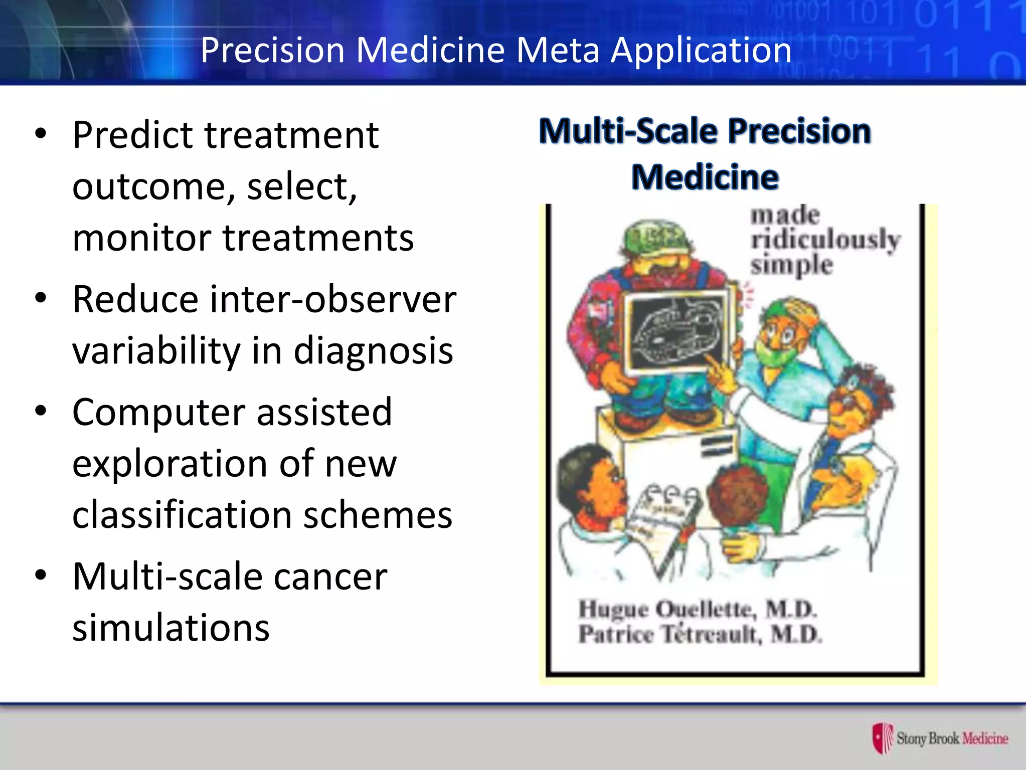 Precision Medicine Meta Application
• Predict treatment
outcome, select,
monitor treatments
• Reduce inter-observer
variability in diagnosis
• Computer assisted
exploration of new
classification schemes
• Multi-scale cancer
simulations
 