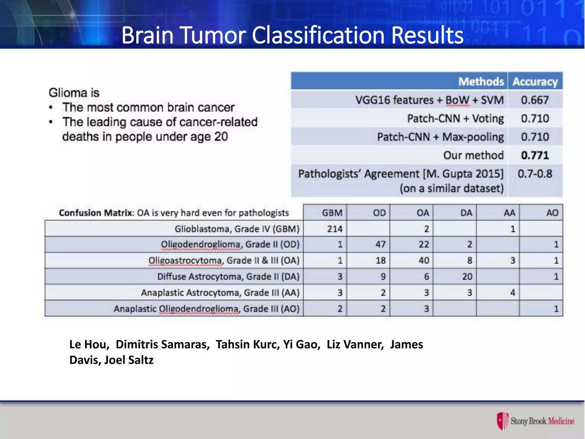 Brain Tumor Classification Results
Le Hou, Dimitris Samaras, Tahsin Kurc, Yi Gao, Liz Vanner, James
Davis, Joel Saltz
 