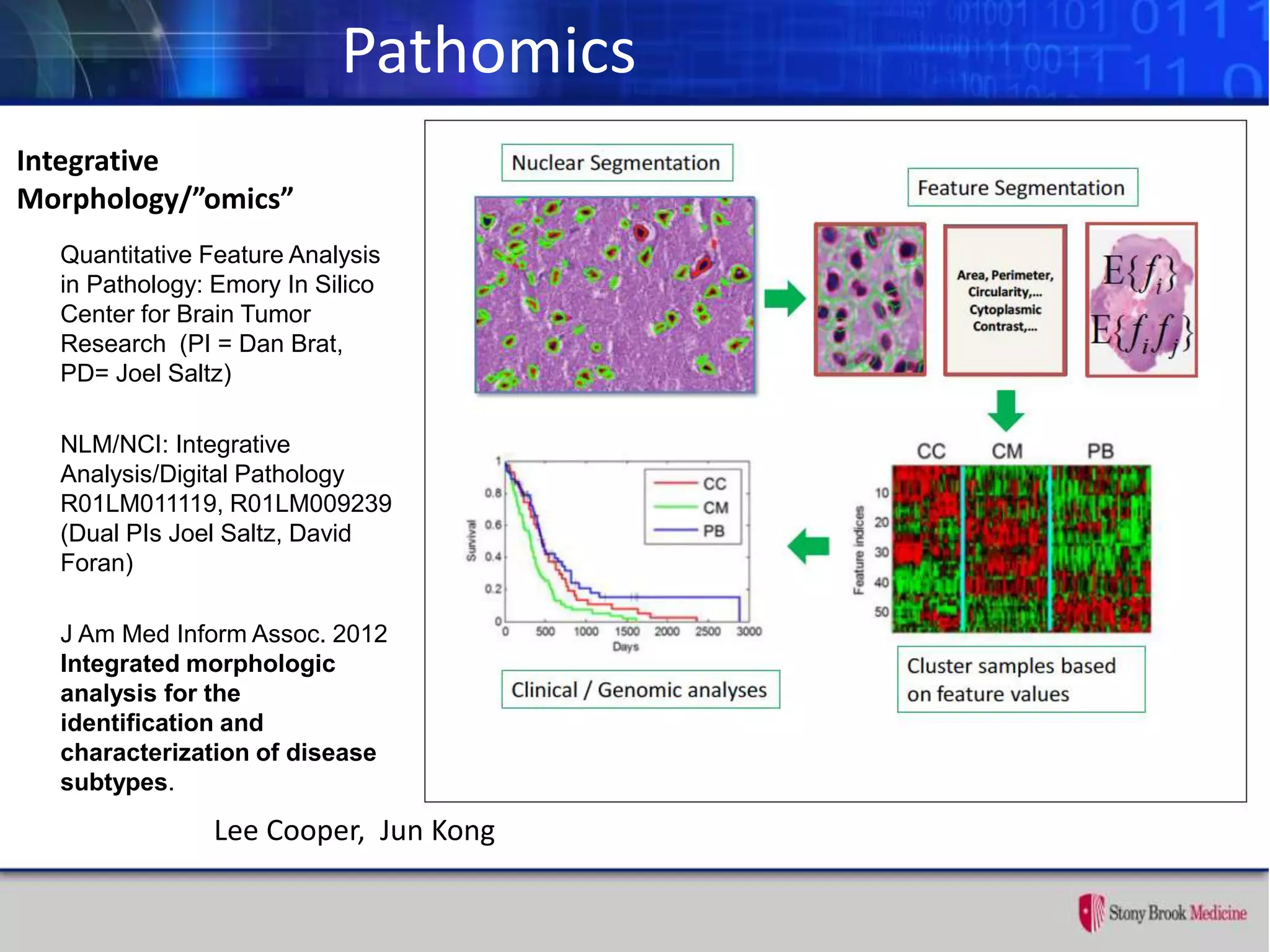 Integrative
Morphology/”omics”
Quantitative Feature Analysis
in Pathology: Emory In Silico
Center for Brain Tumor
Research (PI = Dan Brat,
PD= Joel Saltz)
NLM/NCI: Integrative
Analysis/Digital Pathology
R01LM011119, R01LM009239
(Dual PIs Joel Saltz, David
Foran)
J Am Med Inform Assoc. 2012
Integrated morphologic
analysis for the
identification and
characterization of disease
subtypes.
Pathomics
Lee Cooper, Jun Kong
 