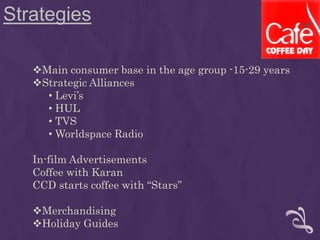 Strategies
Main consumer base in the age group -15-29 years
Strategic Alliances
• Levi’s
• HUL
• TVS
• Worldspace Radio
In-film Advertisements
Coffee with Karan
CCD starts coffee with “Stars”
Merchandising
Holiday Guides
 