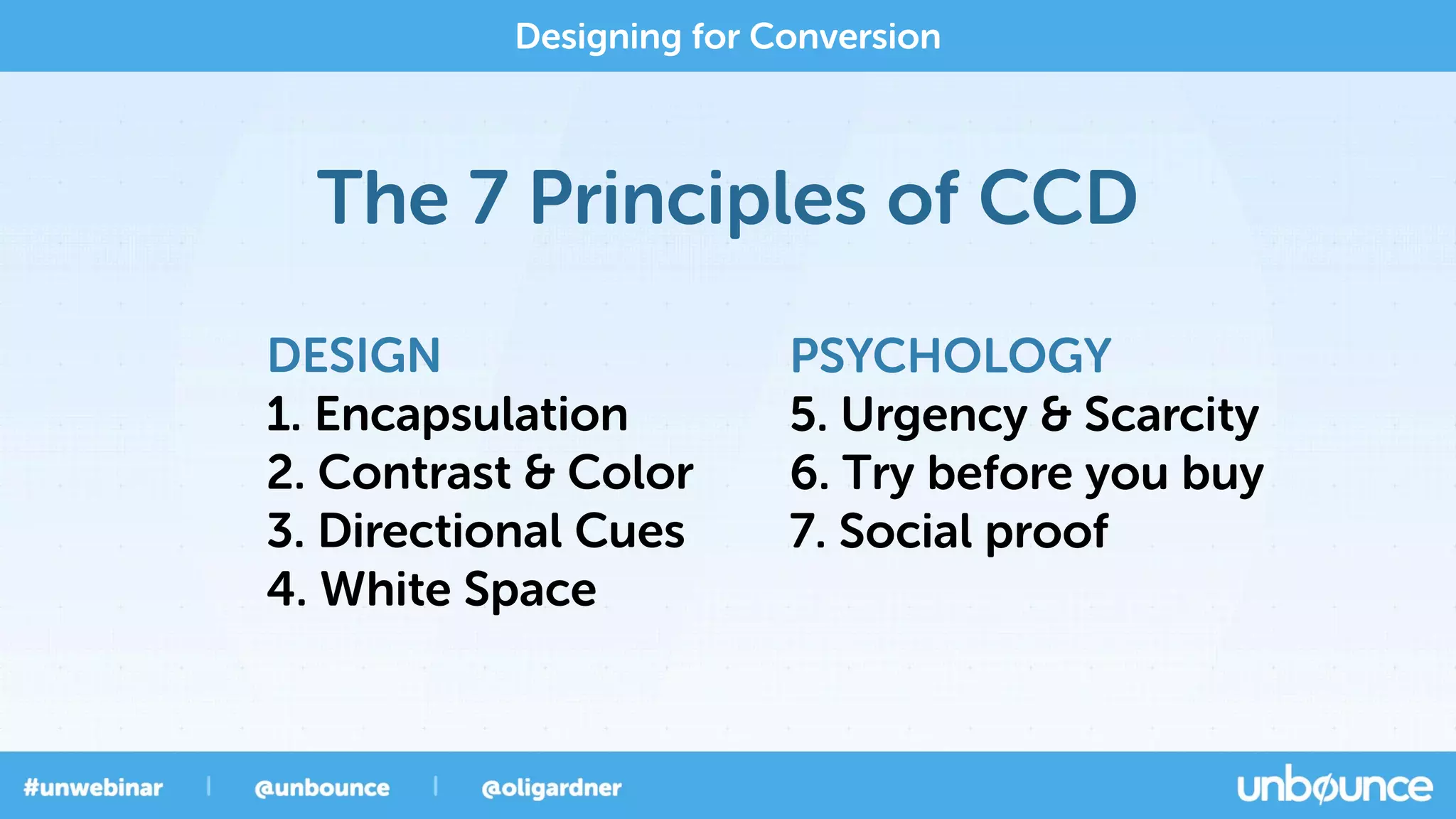 The 7 Principles of CCD
Designing for Conversion
DESIGN
1. Encapsulation
2. Contrast & Color
3. Directional Cues
4. White Space
PSYCHOLOGY
5. Urgency & Scarcity
6. Try before you buy
7. Social proof
 