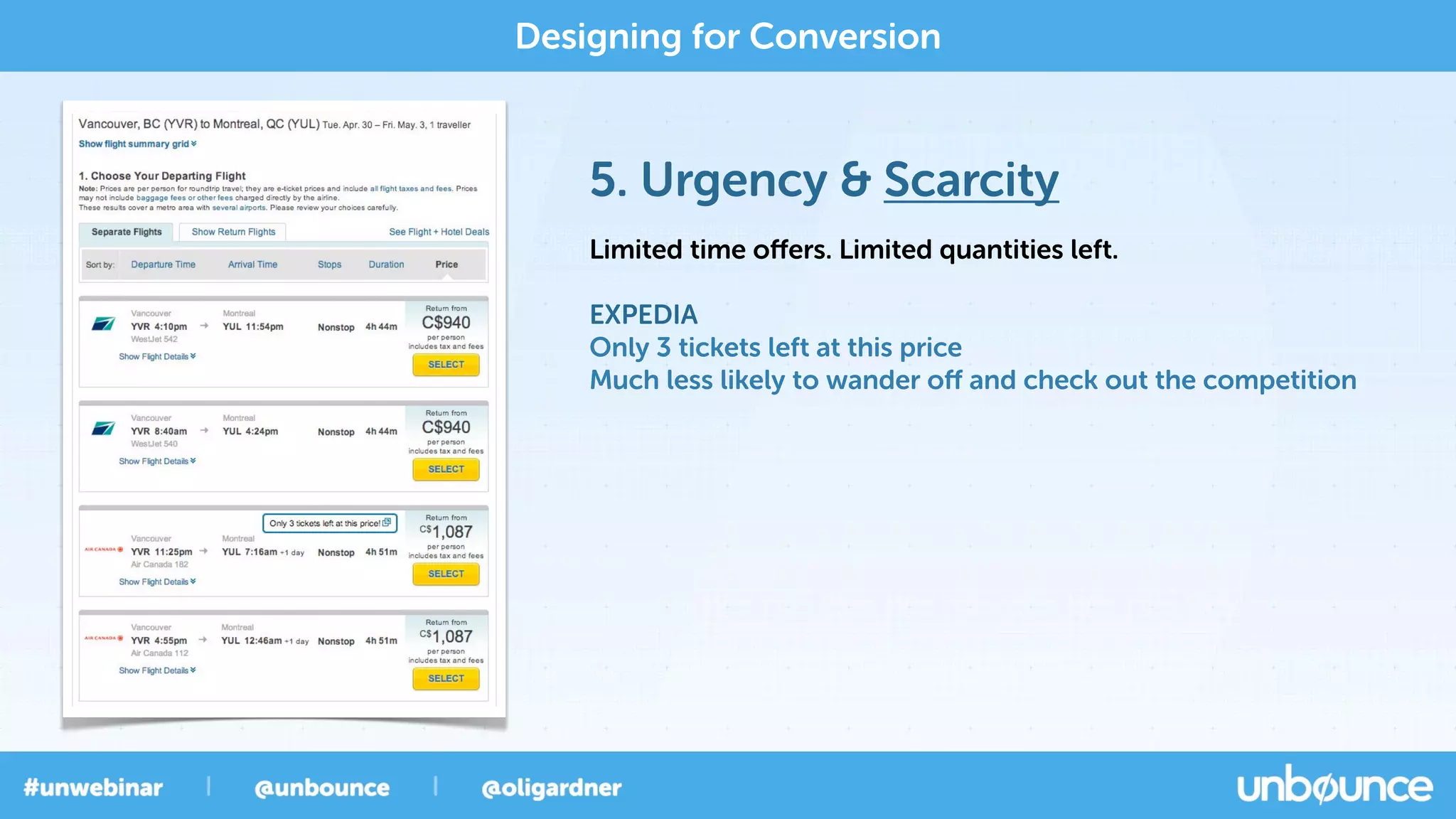 5. Urgency & Scarcity
Designing for Conversion
Limited time oﬀers. Limited quantities left.
EXPEDIA
Only 3 tickets left at this price
Much less likely to wander oﬀ and check out the competition
 