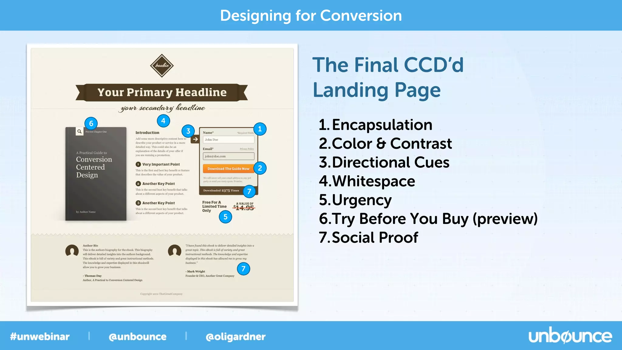 The Final CCD’d
Landing Page
Designing for Conversion
1.Encapsulation
2.Color & Contrast
3.Directional Cues
4.Whitespace
5.Urgency
6.Try Before You Buy (preview)
7.Social Proof
 