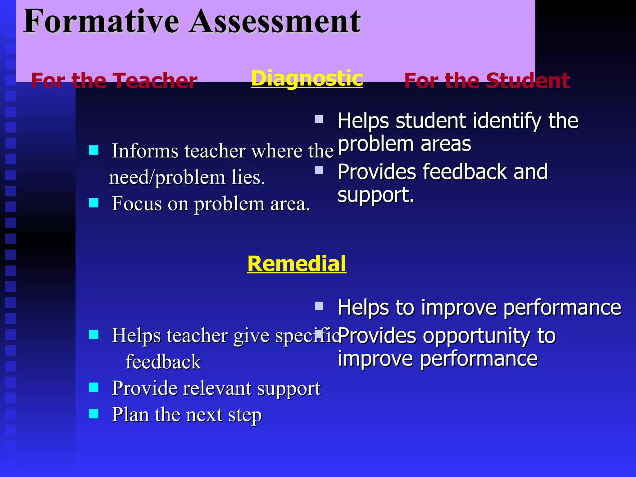 Formative Assessment Informs teacher where the  need/problem lies.  Focus on problem area. Helps teacher give specific feedback Provide relevant support  Plan the next step For the Teacher For the Student Helps student identify the problem areas  Provides feedback and support. Helps to improve performance  Provides opportunity to improve performance Remedial Diagnostic   