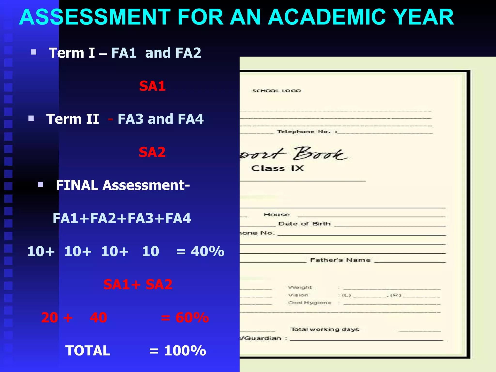 ASSESSMENT FOR AN ACADEMIC YEAR  Term I  –   FA1  and FA2   SA1 Term II   -  FA3 and FA4 SA2 FINAL Assessment-  FA1+FA2+FA3+FA4 10+  10+  10+  10  = 40% SA1+ SA2 20 +  40  = 60% TOTAL    = 100% 