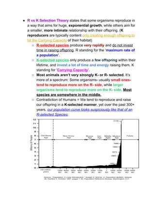 ● R vs K Selection Theory​ states that some organisms reproduce in 
a way that aims for huge,​ exponential growth​, while others aim for 
a smaller, ​more intimate ​relationship with their offspring. (​K 
reproducers​ are typically content ​only creating enough offspring to 
hit the Carrying Capacity​ of their habitat) 
○ R­selected species​ produce ​very rapidly​ and ​do not invest 
time in raising offspring​. R standing for the ‘​maximum rate of 
a population’​.   
○ K­selected species​ only produce a ​few offspring​ within their 
lifetime, and ​invest a lot of time and energy​ raising them. K 
standing for ‘​Carrying Capacity​’.  
○ Most animals aren’t very strongly K­ or R­ selected​. It’s 
more of a spectrum: Some organisms­ usually​ small ones­ 
tend to reproduce more on the R­ side​, while ​larger 
organisms tend to reproduce more on the K­ side​. ​Most 
species are somewhere in the middle.  
○ Contradiction of Humans = We tend to reproduce and raise 
our offspring in a ​K­selected manner​, yet over the past 300+ 
years, ​our population curve looks suspiciously like that of an 
R­selected Species​.  
 
 