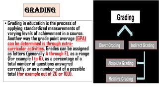 GRADING
• Grading in education is the process of
applying standardized measurements of
varying levels of achievement in a course.
Another way the grade point average (GPA)
can be determined is through extra-
curricular activities. Grades can be assigned
as letters (generally A through F), as a range
(for example 1 to 6), as a percentage of a
total number of questions answered
correctly, or as a number out of a possible
total (for example out of 20 or 100).
 