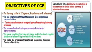 OBJECTIVES OF CCE
✓To develop skills of (Cognitive, Psychomotor & affective)
✓To lay emphasis of thought process & de-emphasize
memorization
✓ To make evaluation an integral part of teaching learning
process
✓To use evaluation for improvement of students’
achievements
✓To guide teaching learning strategy on the basis of regular
diagnosis followed by remedial instructions
✓To make the process of teaching & learning a ‘Learner
Centered Activity’
CORE OBJECTIVE : Continuity in evaluation &
assessment of Broad based learning &
behavioral outcomes
 