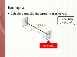 • Calcule a rotação da barra no trecho A-C
Exemplo
A
C
100kN.m
2m
1m
G = 50 GPa
J = 0,1 m4
B
#comofaz?
 