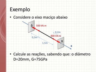 • Considere o eixo maciço abaixo
• Calcule as reações, sabendo que: o diâmetro
D=20mm, G=75GPa
Exemplo
A
B
x
0,3m
0,2m
1,5m
500 kN.m
800 kN.m
 