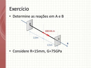 • Determine as reações em A e B
• Considere R=15mm, G=75GPa
Exercício
A
B
x
2,0m
180 kN.m
2,5m
 