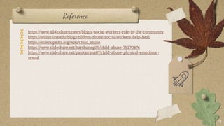 Reference
19
? https://www.all4kids.org/news/blog/a-social-workers-role-in-the-community
? https://online.une.edu/blog/children-abuse-social-workers-help-heal/
? https://en.wikipedia.org/wiki/Child_abuse
? /harshunegi19/child-abuse-79370876
? /pankajrana87/child-abuse-physical-emotional-
sexual
 