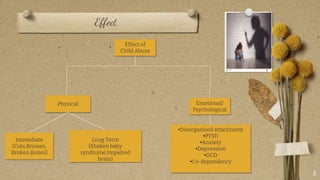 Effect
8
Effect of
Child Abuse
Physical Emotional/
Psychological
Immediate
(Cuts,Bruises,
Broken Bones)
Long Term
(Shaken baby
syndrome,Impaired
brain)
?Disorganised attachment
?PTSD
?Anxiety
?Depression
?OCD
?Co-dependency
 