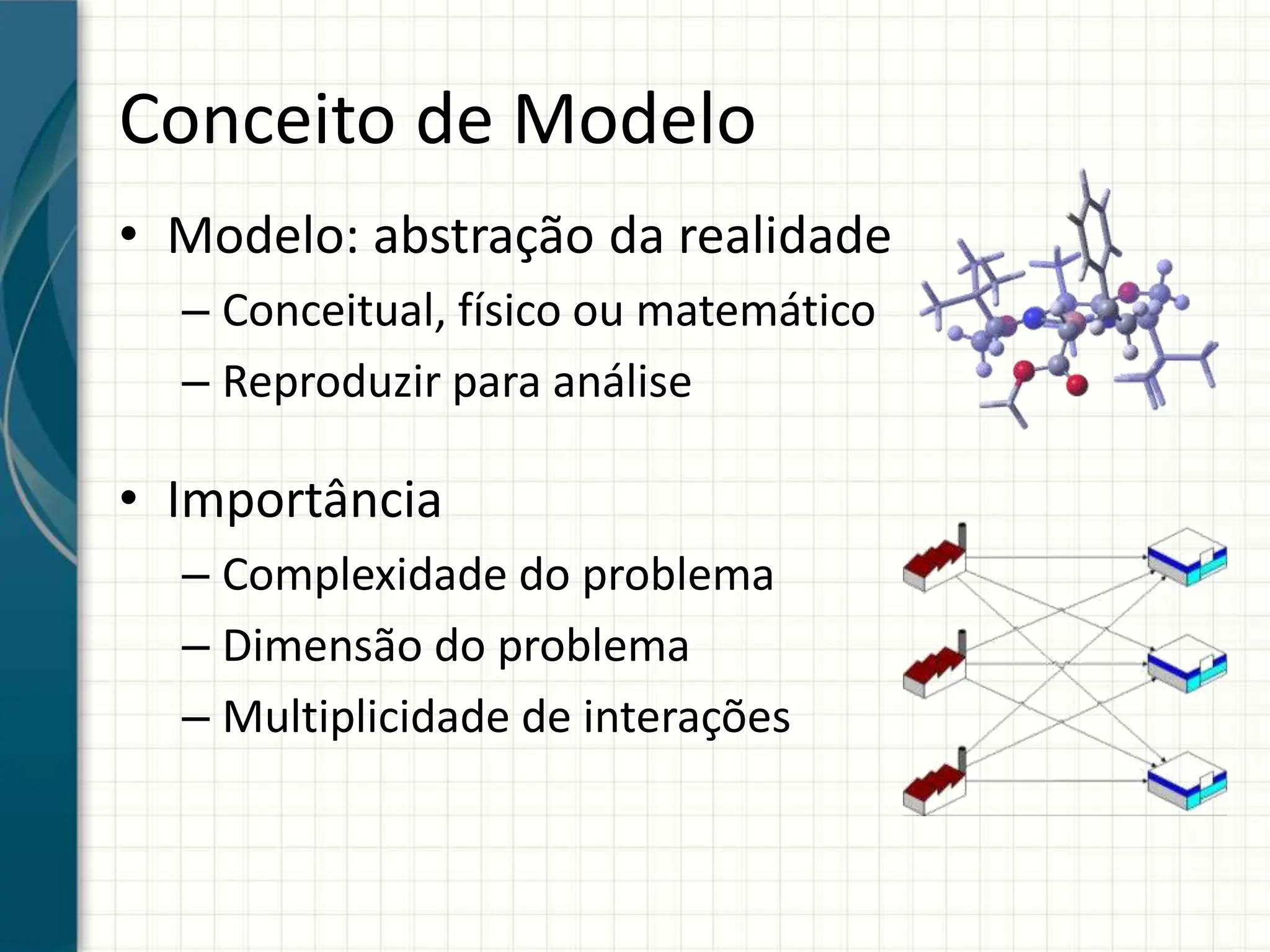 Conceito de Modelo
• Modelo: abstração da realidade
– Conceitual, físico ou matemático
– Reproduzir para análise
• Importância
– Complexidade do problema
– Dimensão do problema
– Multiplicidade de interações
 
