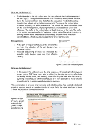 8 | P a g e
What are the Bottlenecks?
- The bottlenecks for the rail system were the train schedule, the braking system and
the track layout. This system works similar to an I-Plant flow. One product, one flow.
But in the chain are different links that affect the production. The Debottlenecking
operation has utilised a drum buffer rope scenario. The rope in the system is the
schedule, modifying this allows a better flow. The drum is the trains themselves these
are the beat of the operation, Improving the brakes, increases there speed and
efficiency. The buffer of the system is the rail duality in areas of the track. The buffer
in this system reduces the effect of variations in other parts of the whole operation by
allowing delayed trains off schedule to move freely on other tracks away from
scheduled trains, effectively allowing operations to flow continuously.
Port Operations
 At the port by regular scheduling of the arrival of the
ore train, the utilisation of the car dumpers has
increased by 21%
 Improved sequencing of ships has increased the
available berth loading hours and their effective
capacity.
What are the Bottlenecks?
- In this system the bottleneck was the ship sequence. By adapting the train system
shown before, BHP have been able to utilise the dumping cars more effectively
decreasing loading times, and allowing more ships improve their effective capacity.
By timing ship schedules with train schedules BHP have been able to move valuable
product material in greater capacity increasing revenues.
This combination of process improvements and debottlenecking has enabled substantial
growth in volumes as well as reducing operational costs. As for the future, as shown in figure
7 below the process is planned to continue:
Figure 8: Graph
of volume growth
and predicted
growth through
debottlenecking.
Figure 7: Truck car utilisation graph.
 