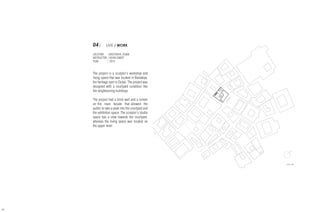 LIVE / WORK : BASTAKIYA
SITE PLAN
SCALE 1: 500
N
BUSHRA ASHRAF, 39189
04| LIVE / WORK
LOCATION |BASTAKIYA, DUBAI
INSTRUCTOR | KEVIN SWEET
YEAR	 | 2012
The project is a sculptor’s workshop and
living space that was located in Bastakiya,
the heritage spot in Dubai. The project was
designed with a courtyard condition like
the neighbouring buildings.
The project had a brick wall and a screen
on the main facade that allowed the
public to take a peak into the courtyard and
the exhibition space. The sculptor’s studio
space has a view towards the courtyard,
whereas the living space was located on
the upper level.
40
 