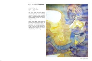 50
07| ILLUSTRATION DRAWING
INSTRUCTOR | PHILIP SHEIL
MEDIUM	 | WATER COLOUR
YEAR	 | 2012
This course taught the use of different
mediums like ink,water colour and digital
illustration. The self- portrait employed
the use of different colours that define the
profile view of the face rathar than painting
using natural tones.
For the “Inglot” water colour painting, a
brand was chosen and various things of
that specific brand were taken and photo-
graphed and then drawn and painted later
in order to learn how to paint reflections on
different materials and give a more realistic
setting than the previous painting.
SELF - PORTRAIT
 