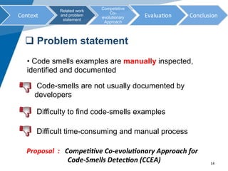 Difficulty to find code-smells examples
• Code smells examples are manually inspected,
identified and documented
Code-smel...