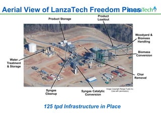 Aerial View of LanzaTech Freedom Pines
                                           Product
              Product Storage              Loadout




                                                                                      Woodyard &
                                                                                       Biomass
                                                                                       Handling


                                                                                       Biomass
                                                                                      Conversion
   Water
 Treatment
 & Storage

                                                                                       Char
                                                                                      Removal


                                                   Image Copyright Range Fuels Inc.
             Syngas             Syngas Catalytic        (Use with permission)
             Cleanup              Conversion



             125 tpd Infrastructure in Place
 