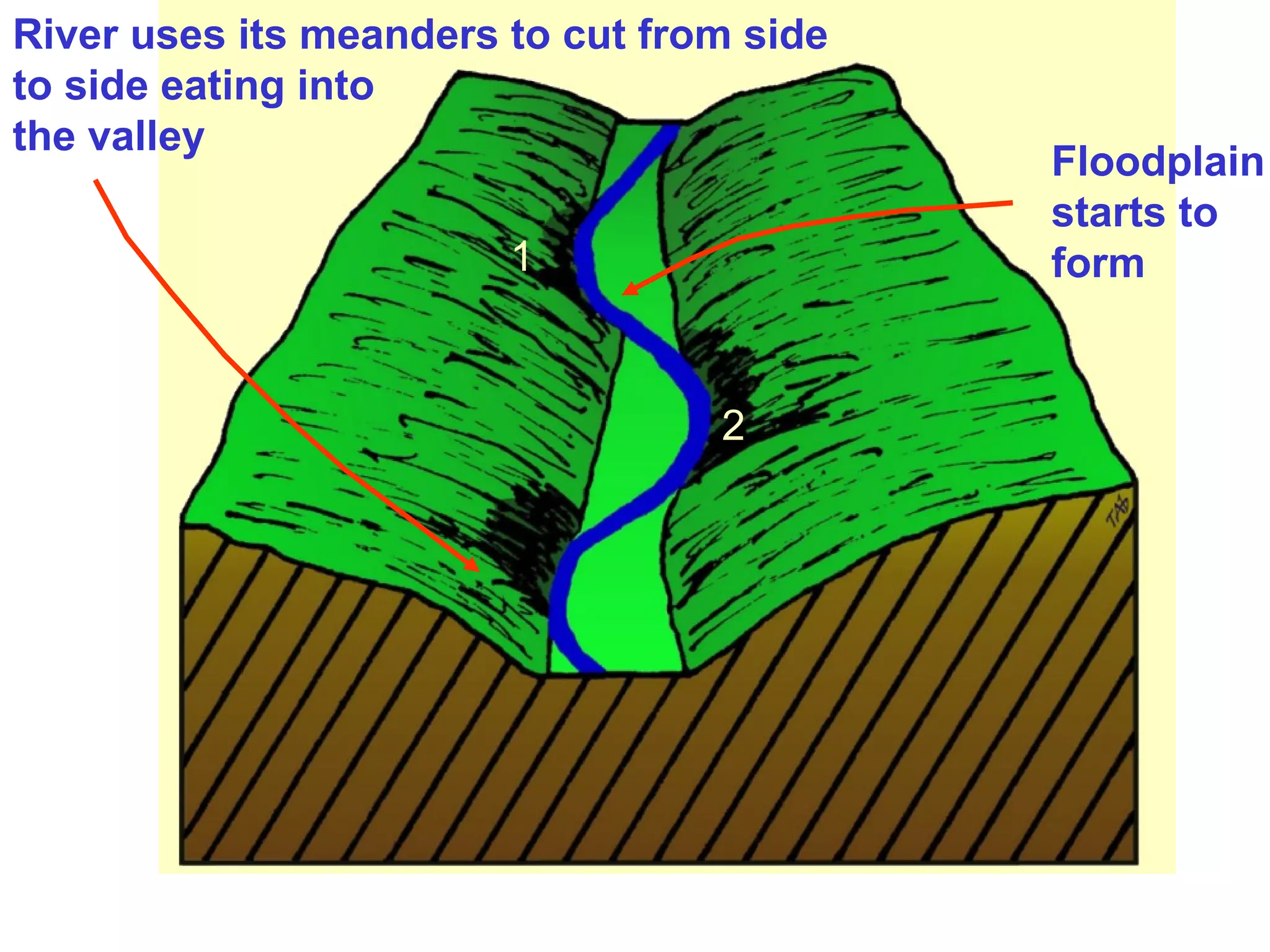 River uses its meanders to cut from side
to side eating into
the valley
Floodplain
starts to
form1
2
 