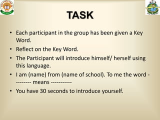 TASK
• Each participant in the group has been given a Key
  Word.
• Reflect on the Key Word.
• The Participant will introduce himself/ herself using
  this language.
• I am (name) from (name of school). To me the word -
  -------- means -----------
• You have 30 seconds to introduce yourself.
 