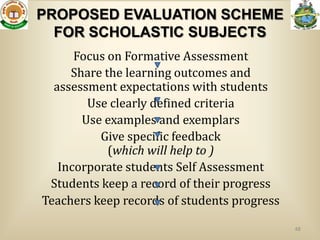 PROPOSED EVALUATION SCHEME
  FOR SCHOLASTIC SUBJECTS
      Focus on Formative Assessment
     Share the learning outcomes and
  assessment expectations with students
        Use clearly defined criteria
       Use examples and exemplars
          Give specific feedback
            (which will help to )
   Incorporate students Self Assessment
 Students keep a record of their progress
Teachers keep records of students progress

                                             48
 