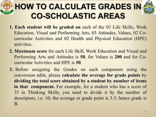 HOW TO CALCULATE GRADES IN
     CO-SCHOLASTIC AREAS
1. Each student will be graded on each of the 03 Life Skills, Work
   Education, Visual and Performing Arts, 03 Attitudes, Values, 02 Co-
   curricular Activities and 02 Health and Physical Education (HPE)
   activities.
2. Maximum score for each Life Skill, Work Education and Visual and
   Performing Arts and Attitudes is 50, for Values is 200 and for Co-
   curricular Activities and HPE is 50.
3. Before assigning the Grades on each component using the
   conversion table, please calculate the average for grade points by
   dividing the total score obtained by a student by number of items
   in that component. For example, for a student who has a score of
   35 in Thinking Skills; you need to divide it by the number of
   descriptors, i.e. 10; the average or grade point is 3.5; hence grade is
   B.
                                                                        55
 