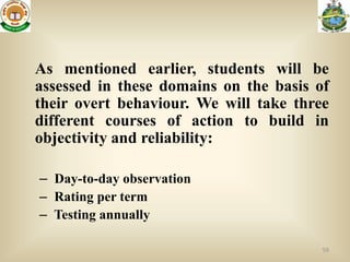 As mentioned earlier, students will be
assessed in these domains on the basis of
their overt behaviour. We will take three
different courses of action to build in
objectivity and reliability:

– Day-to-day observation
– Rating per term
– Testing annually

                                        59
 
