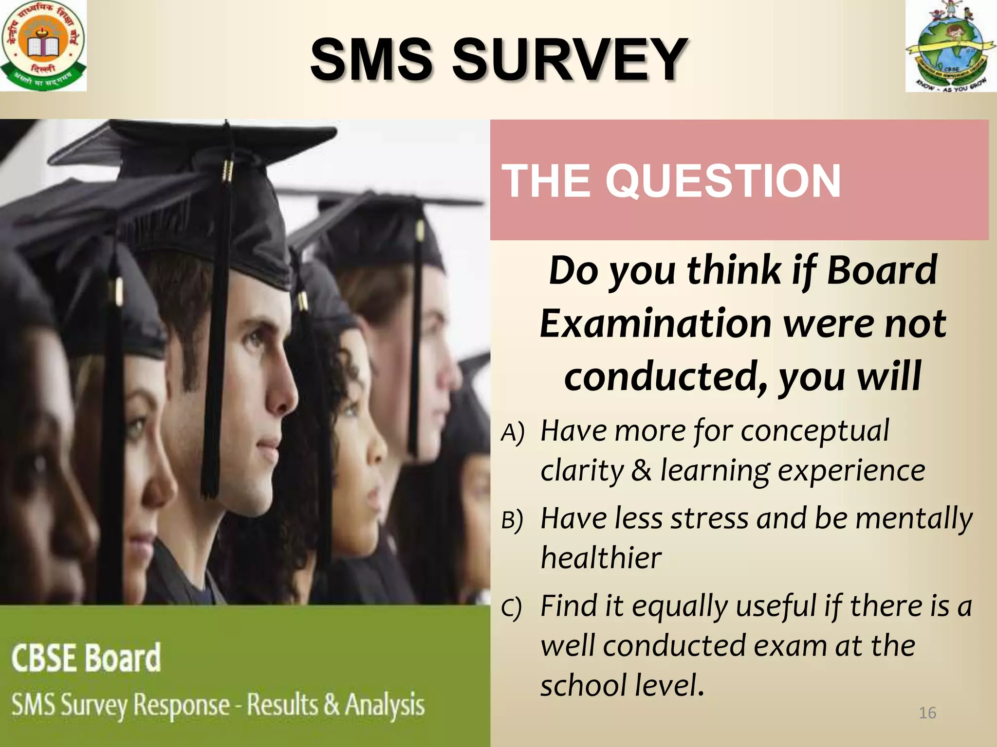 SMS SURVEY

     THE QUESTION
          Do you think if Board
          Examination were not
           conducted, you will
     A) Have more for conceptual
        clarity & learning experience
     B) Have less stress and be mentally
        healthier
     C) Find it equally useful if there is a
        well conducted exam at the
        school level.
                                       16
 