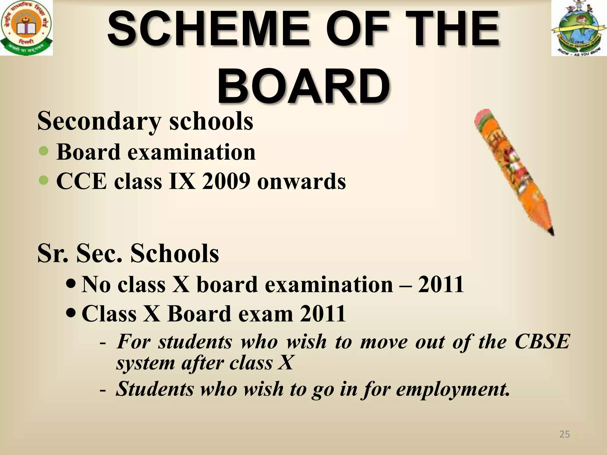 SCHEME OF THE
         BOARD
Secondary schools
 Board examination
 CCE class IX 2009 onwards

Sr. Sec. Schools
   No class X board examination – 2011
   Class X Board exam 2011
     - For students who wish to move out of the CBSE
       system after class X
     - Students who wish to go in for employment.
                                                  25
 