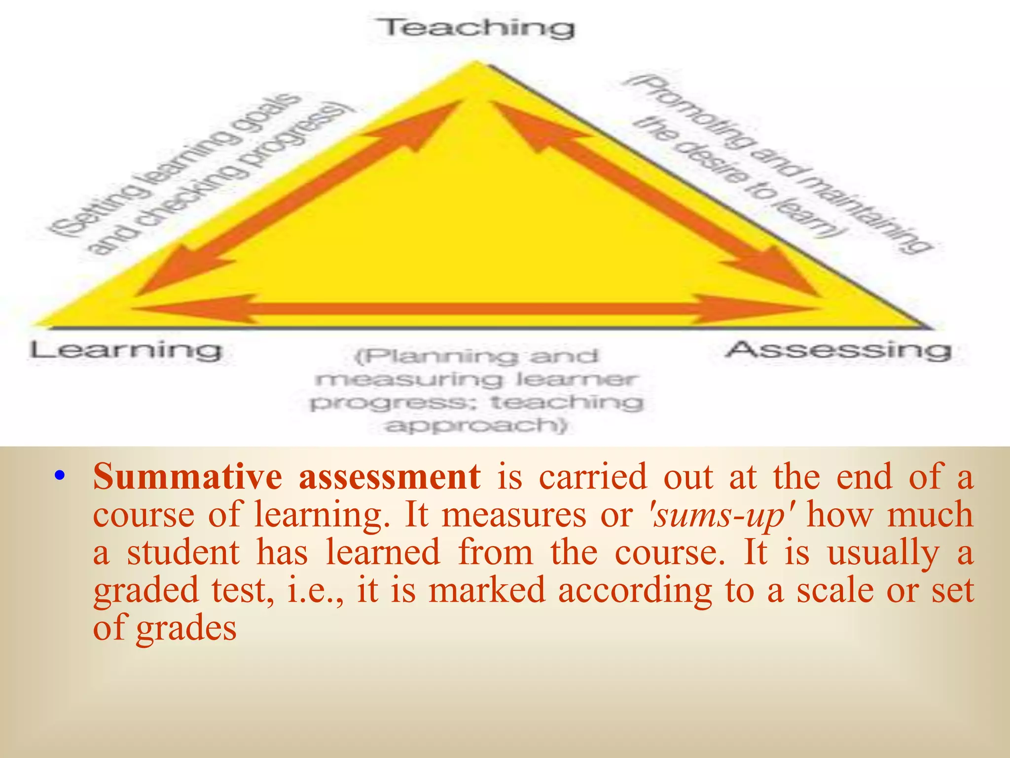 • Summative assessment is carried out at the end of a
  course of learning. It measures or 'sums-up' how much
  a student has learned from the course. It is usually a
  graded test, i.e., it is marked according to a scale or set
  of grades
 