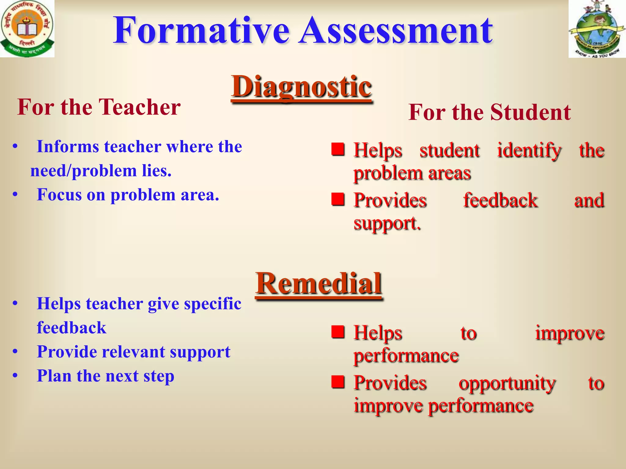 Formative Assessment
                           Diagnostic
For the Teacher                             For the Student
• Informs teacher where the          Helps student identify the
  need/problem lies.                  problem areas
• Focus on problem area.             Provides    feedback   and
                                      support.


                                Remedial
• Helps teacher give specific
  feedback                           Helps       to      improve
• Provide relevant support            performance
• Plan the next step                 Provides    opportunity  to
                                      improve performance
 