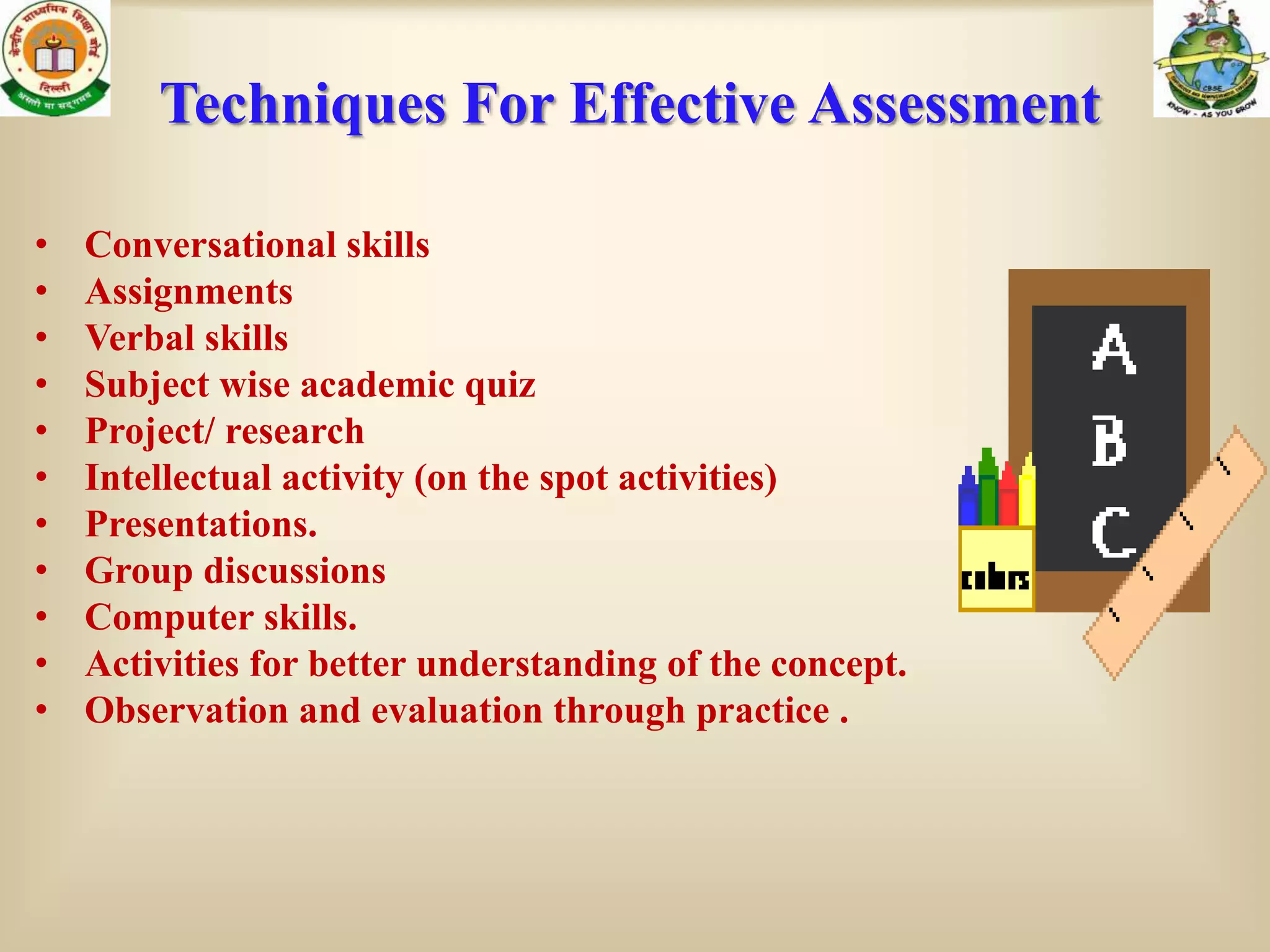 Techniques For Effective Assessment

•   Conversational skills
•   Assignments
•   Verbal skills
•   Subject wise academic quiz
•   Project/ research
•   Intellectual activity (on the spot activities)
•   Presentations.
•   Group discussions
•   Computer skills.
•   Activities for better understanding of the concept.
•   Observation and evaluation through practice .
 