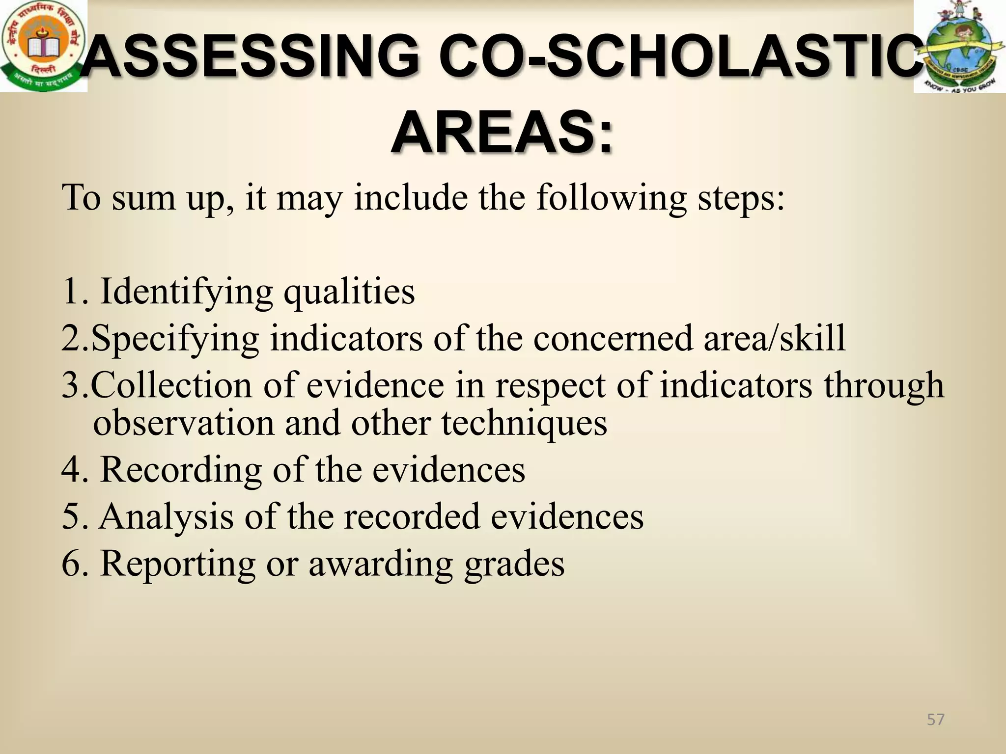 ASSESSING CO-SCHOLASTIC
         AREAS:
To sum up, it may include the following steps:

1. Identifying qualities
2.Specifying indicators of the concerned area/skill
3.Collection of evidence in respect of indicators through
  observation and other techniques
4. Recording of the evidences
5. Analysis of the recorded evidences
6. Reporting or awarding grades


                                                       57
 