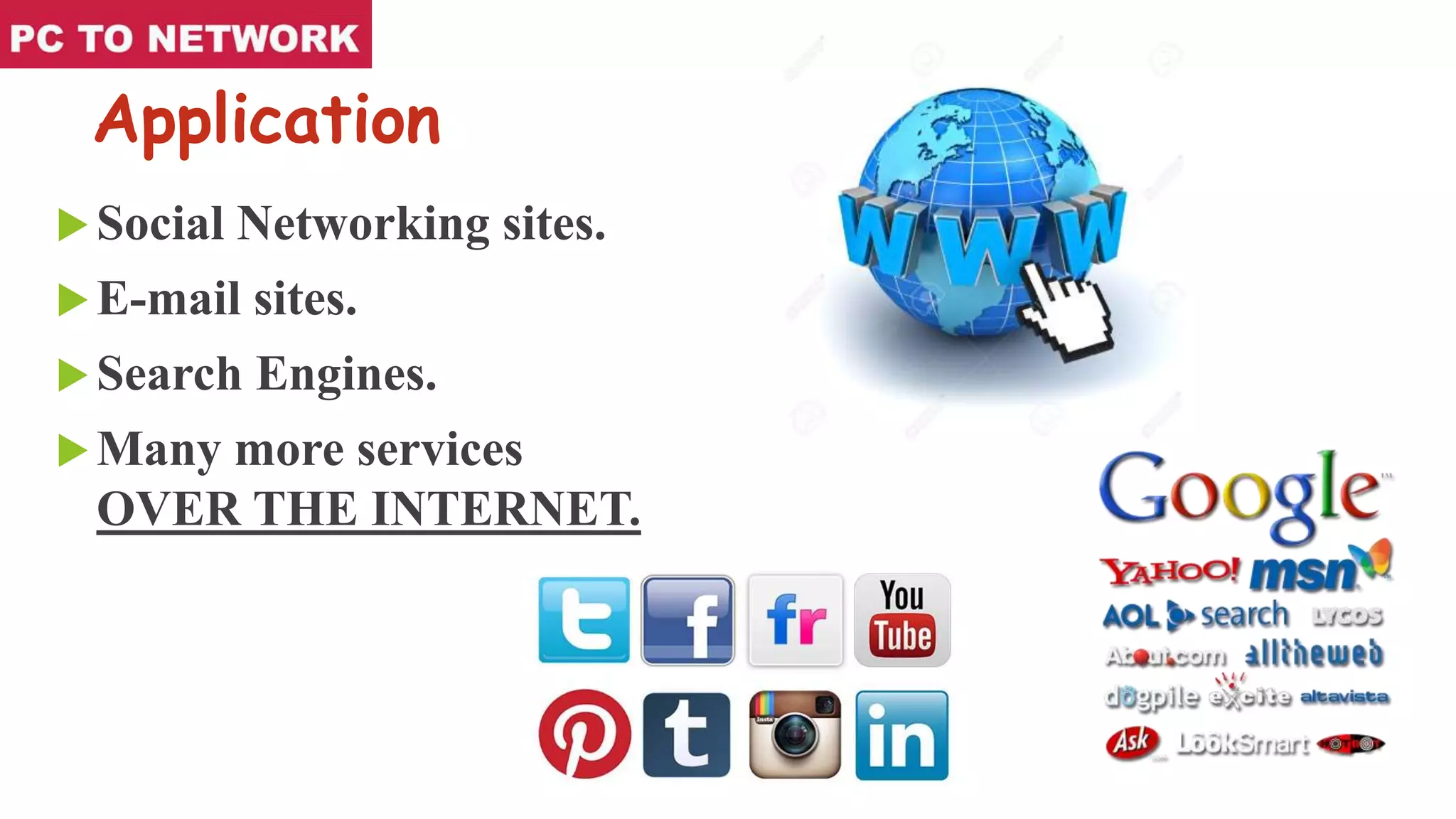 Application
Social Networking sites.
E-mail sites.
Search Engines.
Many more services
OVER THE INTERNET.
 