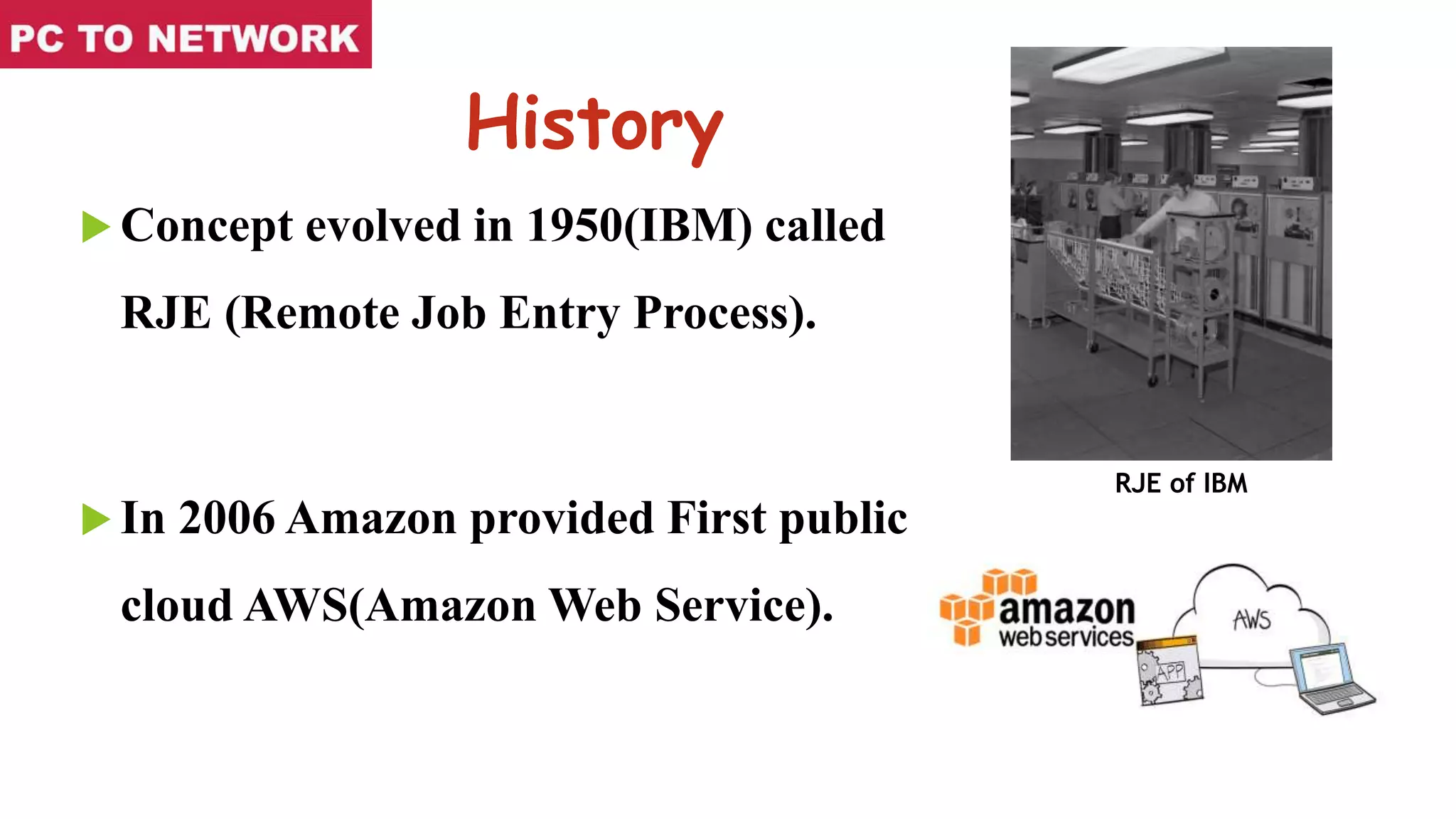 History
 Concept evolved in 1950(IBM) called
RJE (Remote Job Entry Process).
 In 2006 Amazon provided First public
cloud AWS(Amazon Web Service).
RJE of IBM
 